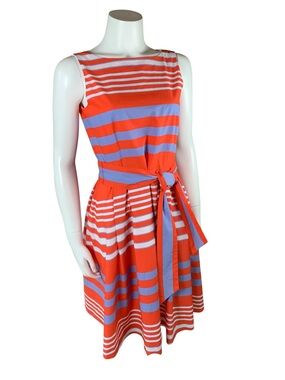 L.L. Bean Signature Striped Cotton Fit Flare Dress Belted Tomato Red 4